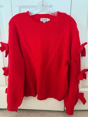 Molly Bracken Bright Red Cable-Knit Sweater with Ribbon Sleeve Bows